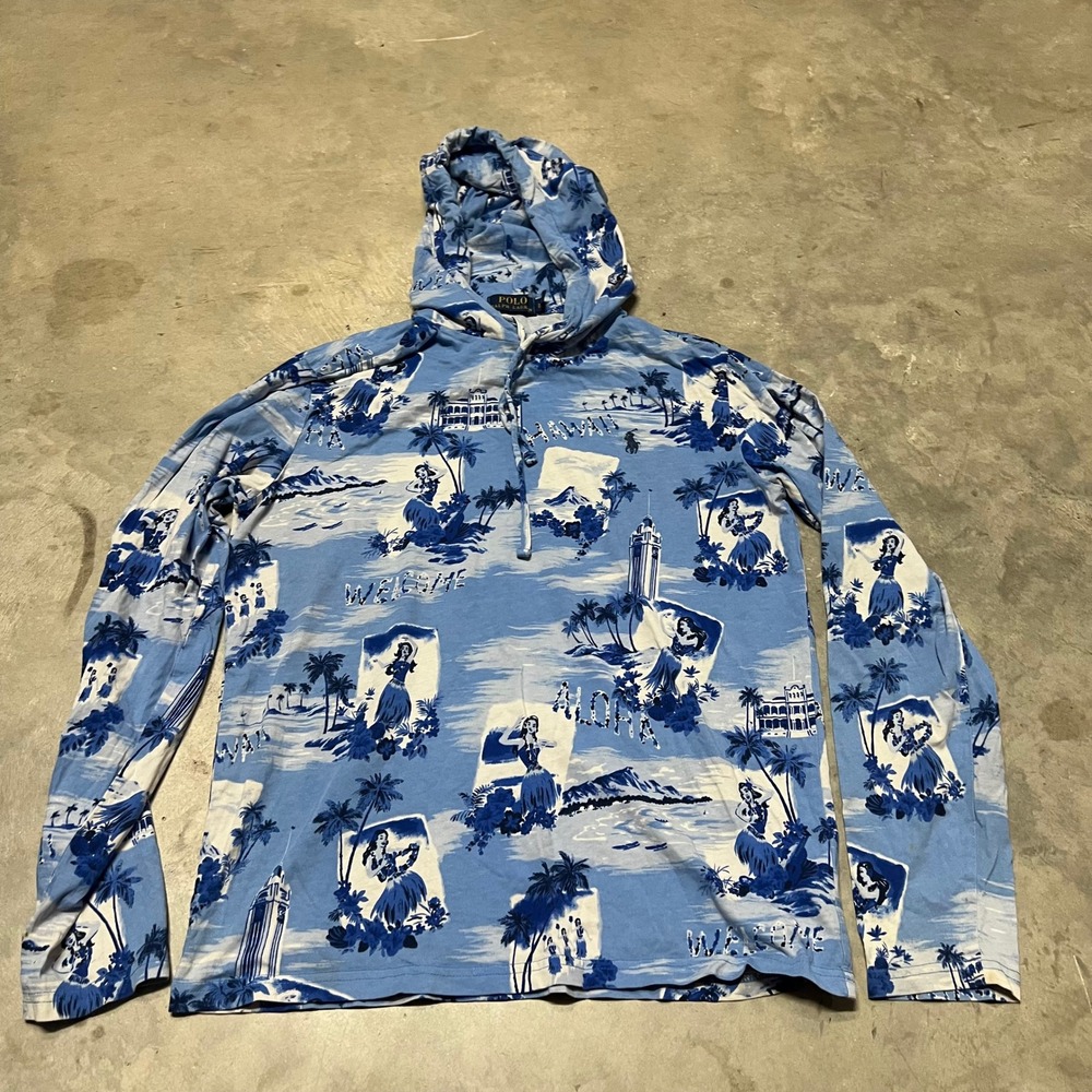 Polo Ralph Lauren Mens Blue Hawaiian Aloha Tropical Print Hooded T-Shirt Small